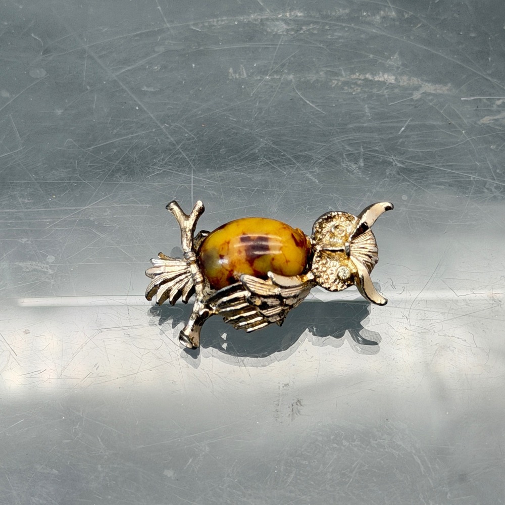 Gerry's Signed Vintage Owl Amber Glass Jelly Belly Brooch Pin Autumn Very Nice - Picture 2 of 6